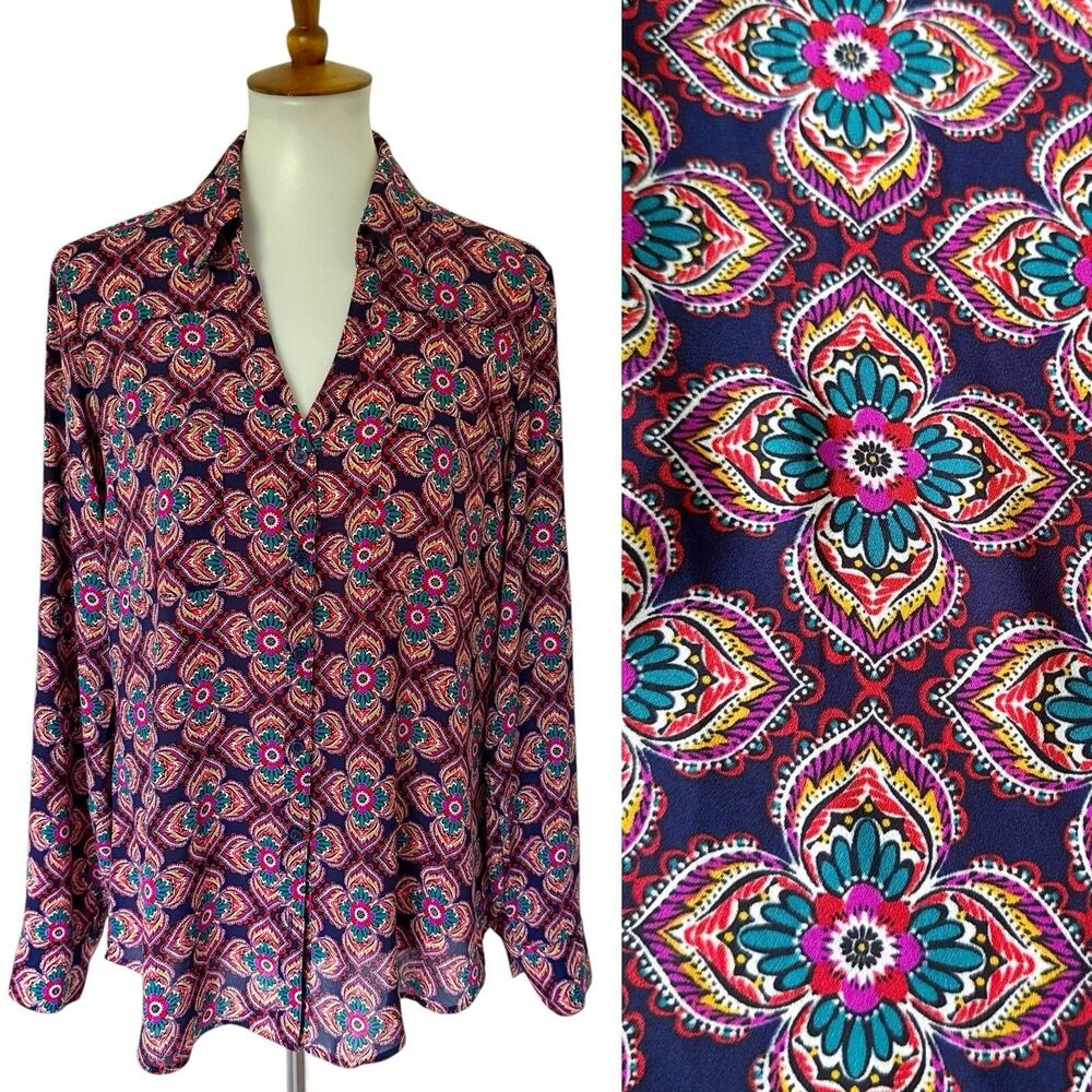 Express The Portofino Shirt Floral Medallion Large Roll Tab Sleeve Blue Workwear